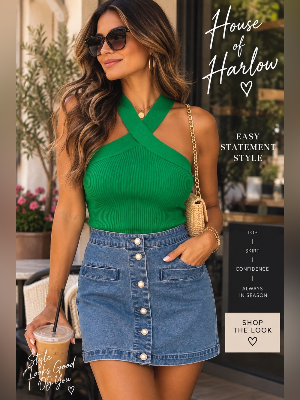 House of Harlow 1960 Emerald Green Criss Cross Ribbed Knit Crop Top M 🎥